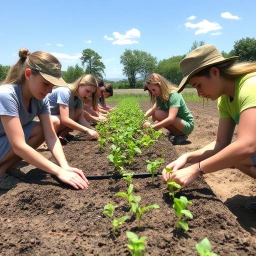Students planting seedlings in an agricultural training program